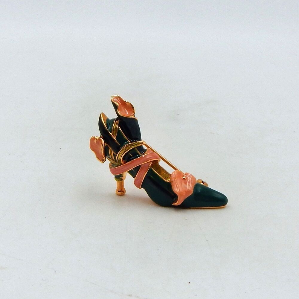Kenneth Jay Lane KJL High Heel Shoe Floral Green Pink Brooch Pin Enamel